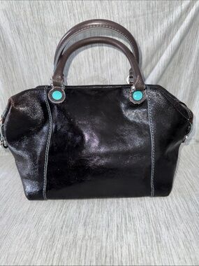Dooney & Bourke One-of-a-kind Italian Brown Patent Satchel with Turquoise Snaps